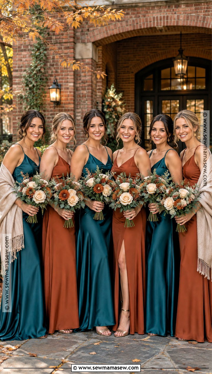 Deep Teal And Burnt Sienna Bridesmaid Dresses - 15 Fall Wedding Color Schemes October Bridesmaid Dress Ideas