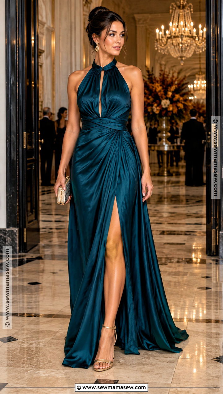 Deep Teal Halter Gown With Gold Sandals - 25 fall formal outfits