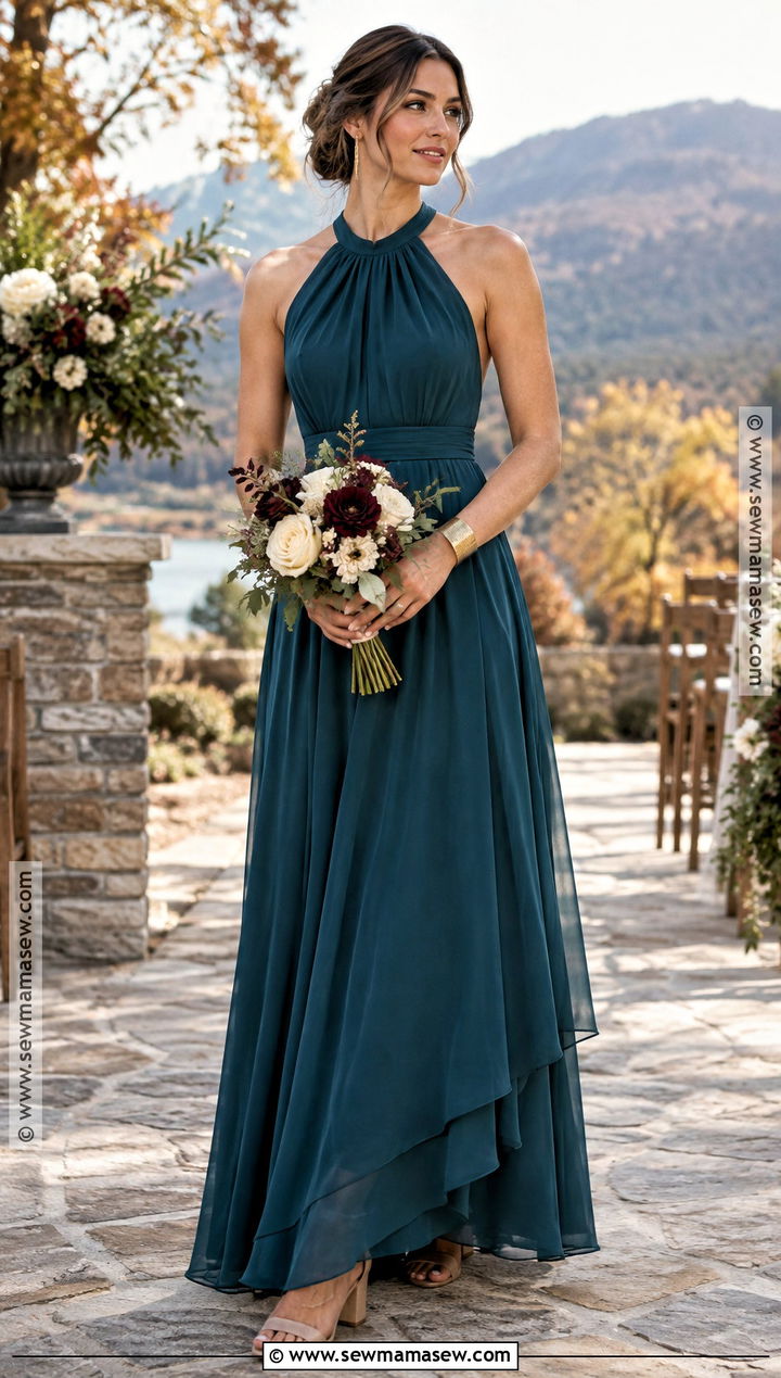 Deep Teal Halter Neck Chiffon Bridesmaid Dress - 15 Deep Teal Bridesmaid Dresses Fall Wedding