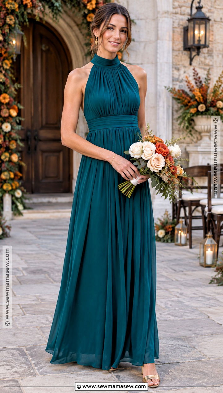 Deep Teal High Neck Pleated Bridesmaid Dress - 15 Deep Teal Bridesmaid Dresses Fall Wedding