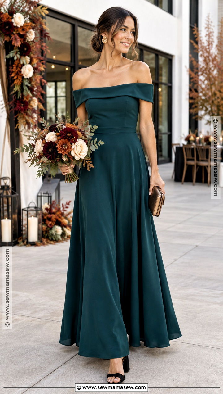 Deep Teal Off Shoulder Bridesmaid Dress - 15 Fall Coloured Bridesmaid Dresses