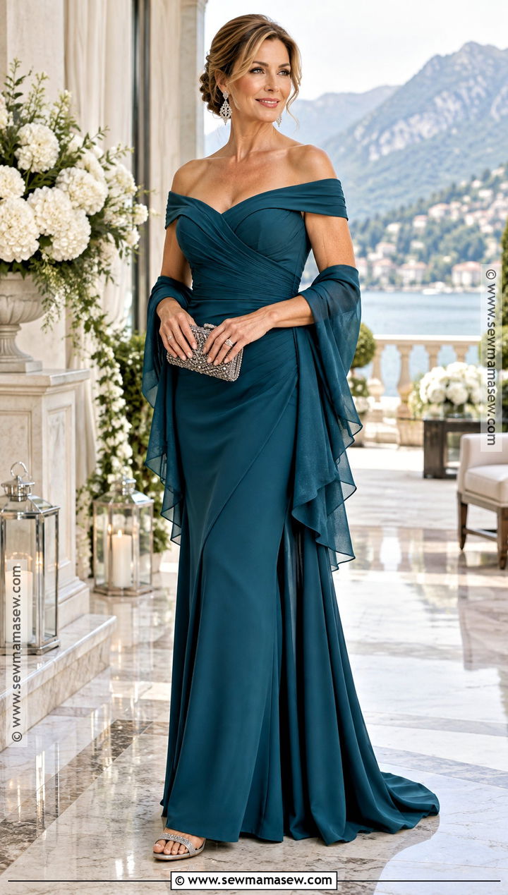 Deep Teal Off Shoulder Mother Of The Bride Gown - 15 November Mother Of The Bride Dress Ideas