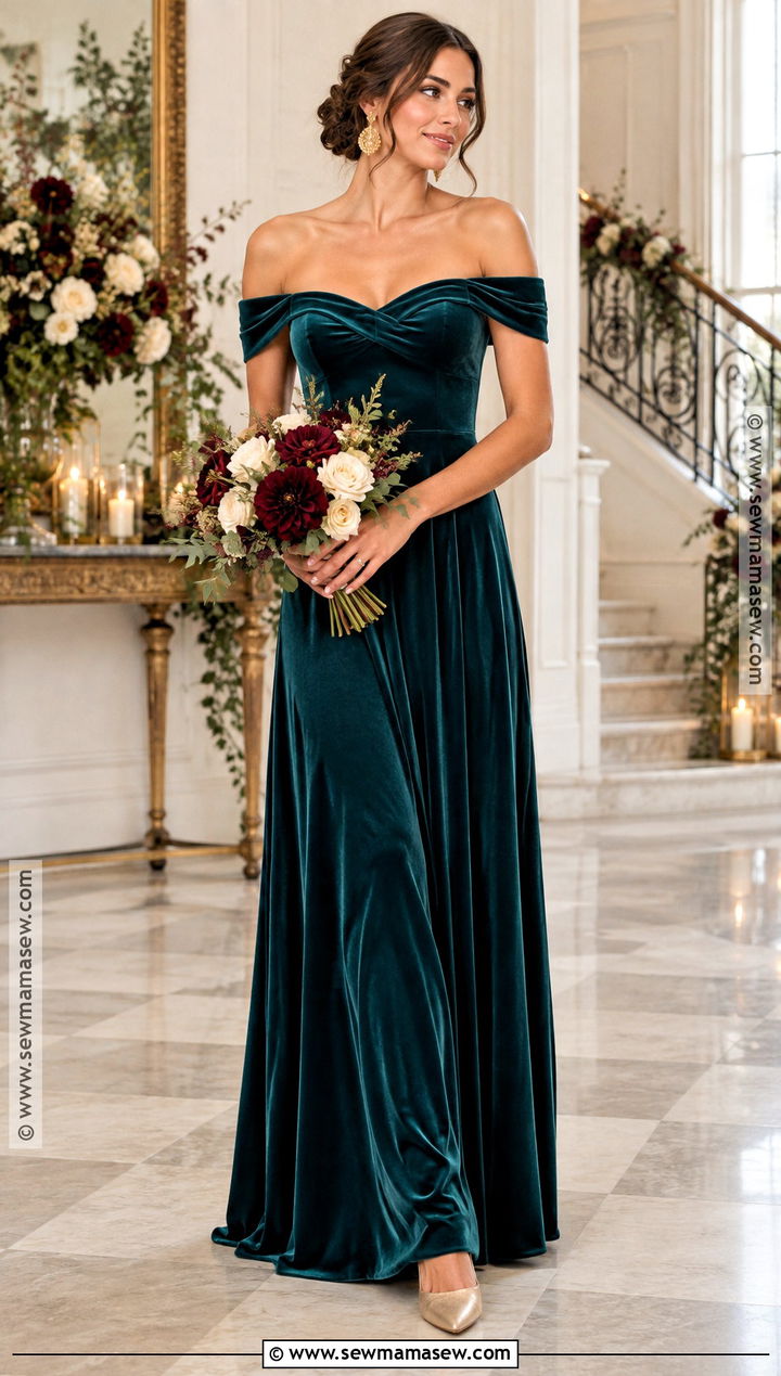 Deep Teal Off The Shoulder Velvet Bridesmaid Dress - 15 Deep Teal Bridesmaid Dresses Fall Wedding