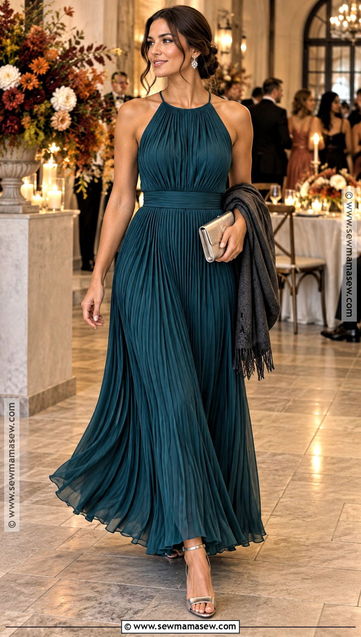 Deep Teal Pleated Maxi Dress Fall Wedding Guest Outfit - 15 Trendy Fall Wedding Guest Outfit Ideas