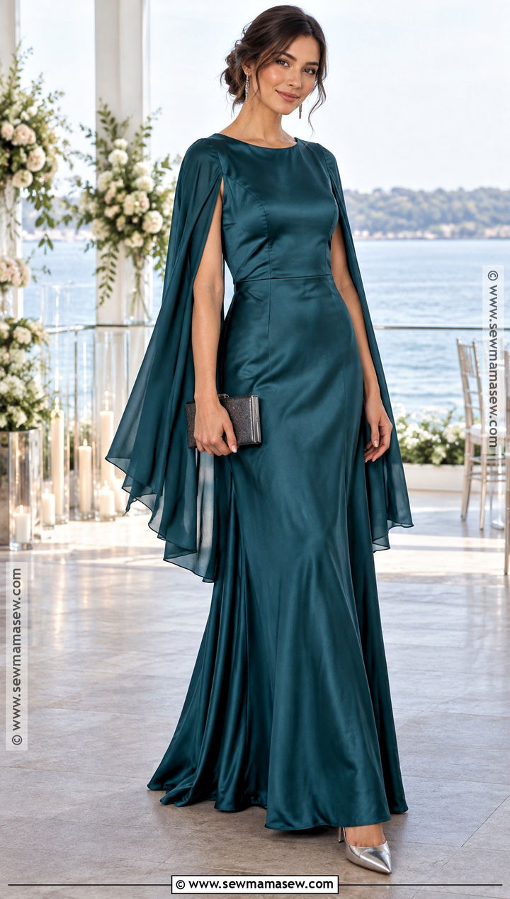 Deep Teal Satin Cape Bridesmaid Dress With Silver Heels - 25 bridesmaid dresses fall