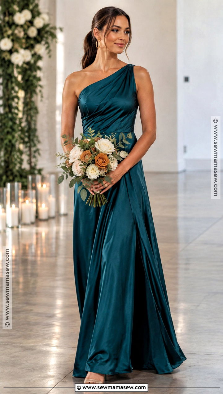 Deep Teal Satin One Shoulder Bridesmaid Dress - 15 Deep Teal Bridesmaid Dresses Fall Wedding