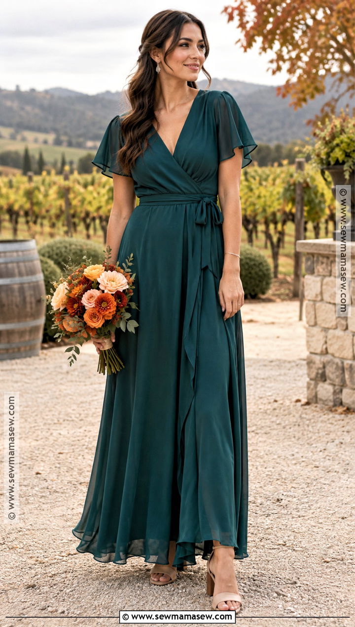 Deep Teal Wrap Bridesmaid Dress With Flutter Sleeves - 15 Deep Teal Bridesmaid Dresses Fall Wedding