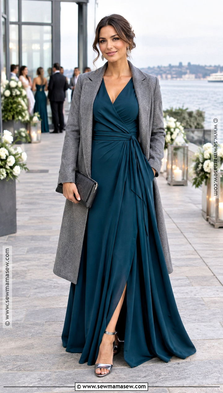 Deep Teal Wrap Gown Outfit - 15 Formal Fall Wedding Guest Outfit Ideas