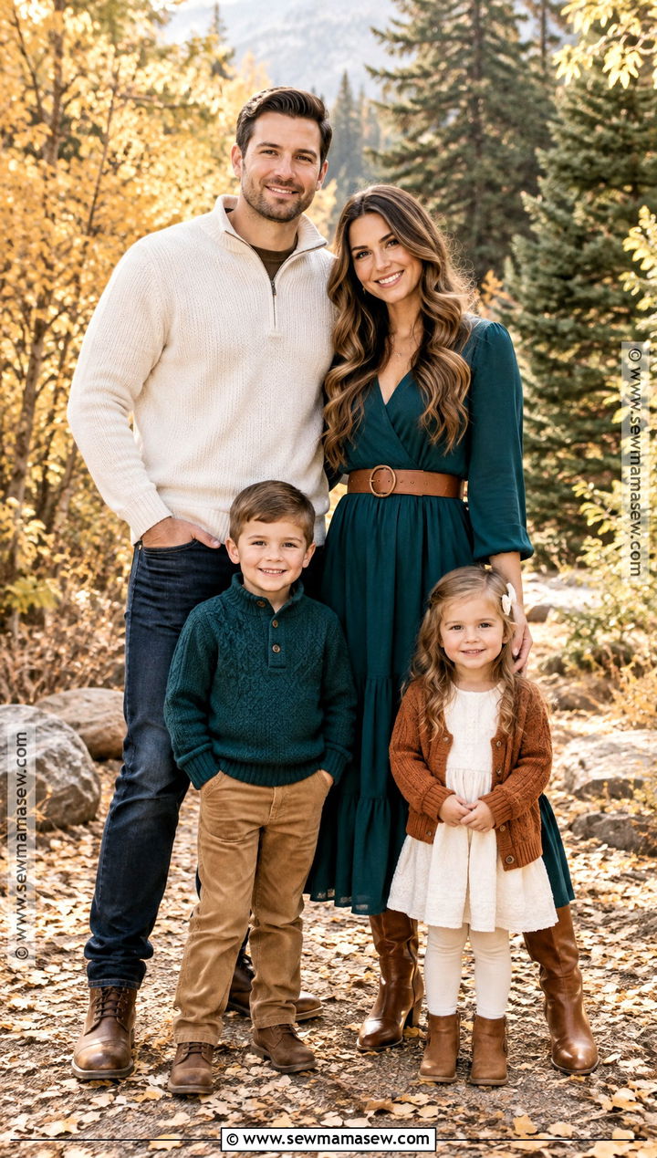 Deep Teal and Cognac Fall Family Photo Outfit - 15 fall family of 4 pictures outfits