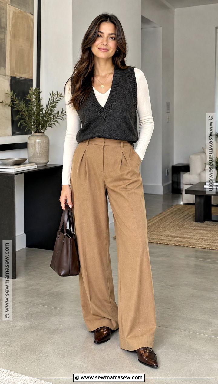 Deep V Neck Vest With Pleated Trousers - 20 inverted triangle fall outfits