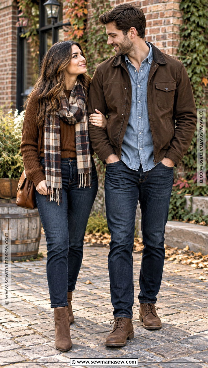Denim And Brown Layers Fall Couple Outfit - 15 coordinating couple outfits for pictures fall