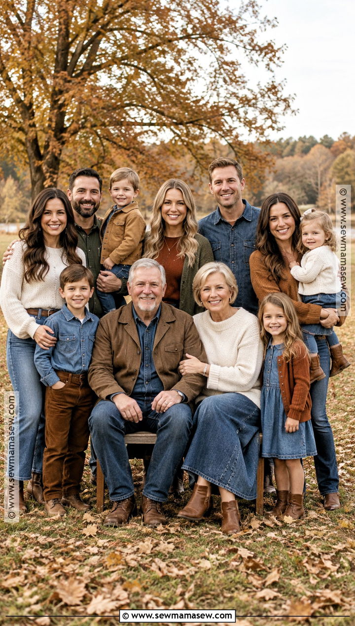 Denim And Neutral Layers For Large Family Photos - 20 denim fall family photos ideas