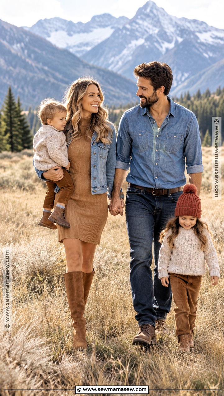 Denim And Warm Neutral Mountain Family Photo Outfits - 15 family photo outfits fall mountains