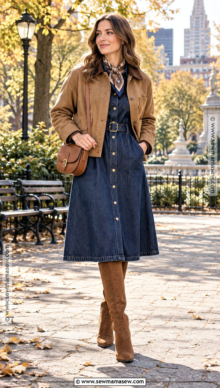 Denim Autumn Dress With Suede Boots - 25 autumn dress ideas
