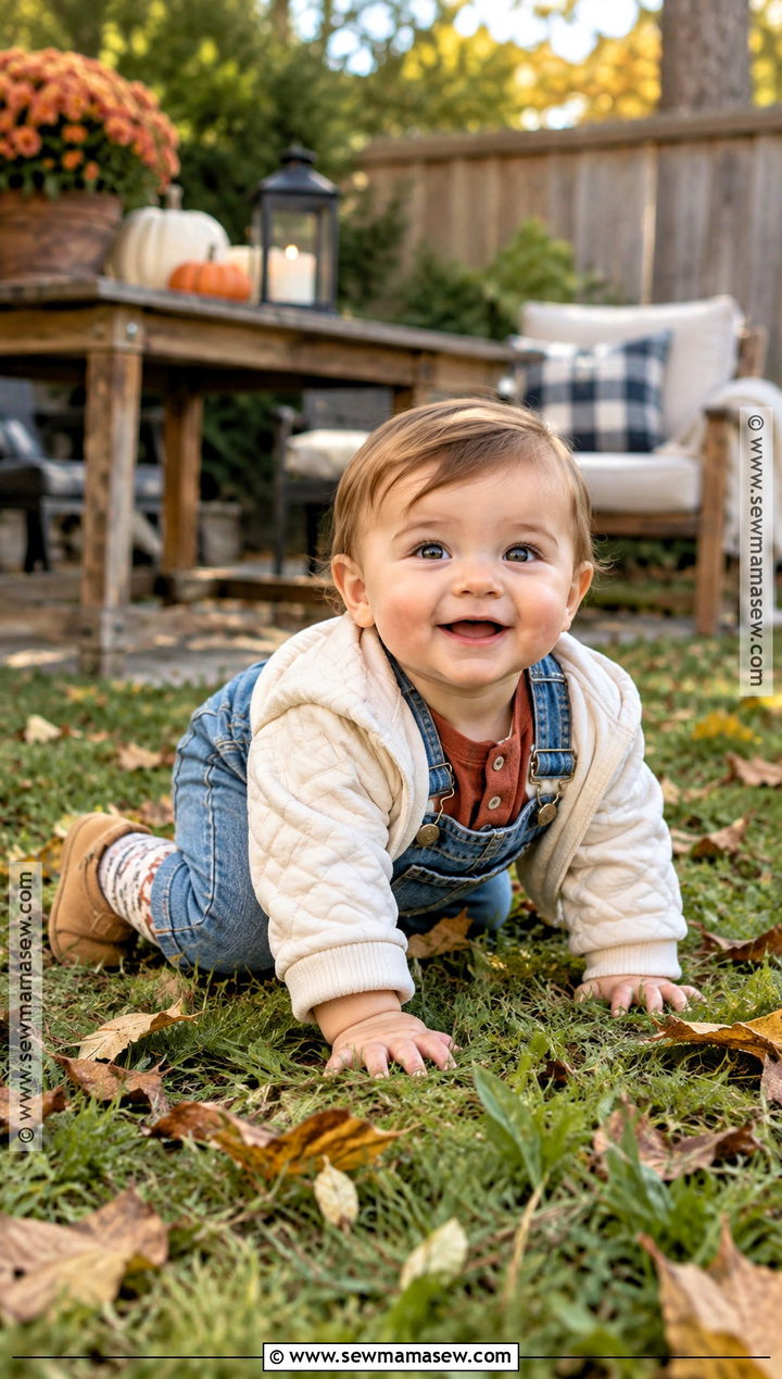 Denim Baby Overalls With Henley Bodysuit And Jacket - 15 cozy fall baby outfit ideas