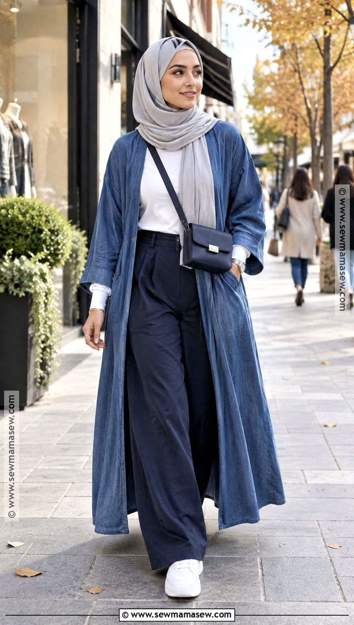 Denim Blue Abaya With White Sneakers - 15 autumn abaya outfits