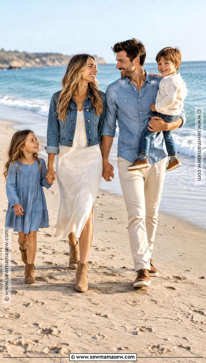 Denim Blue And Ivory Fall Beach Family Photo Outfits - 20 fall beach family photos outfits