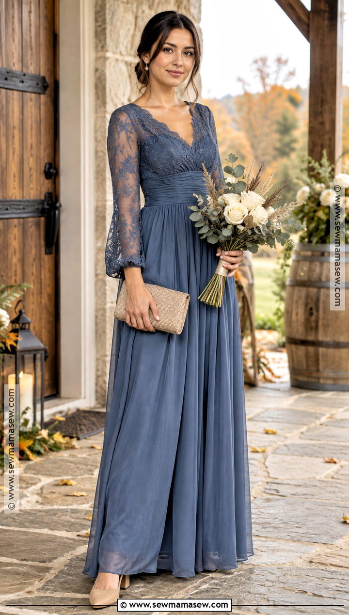 Denim Blue Lace Sleeve Bridesmaid Dress - 15 blue fall bridesmaid dresses
