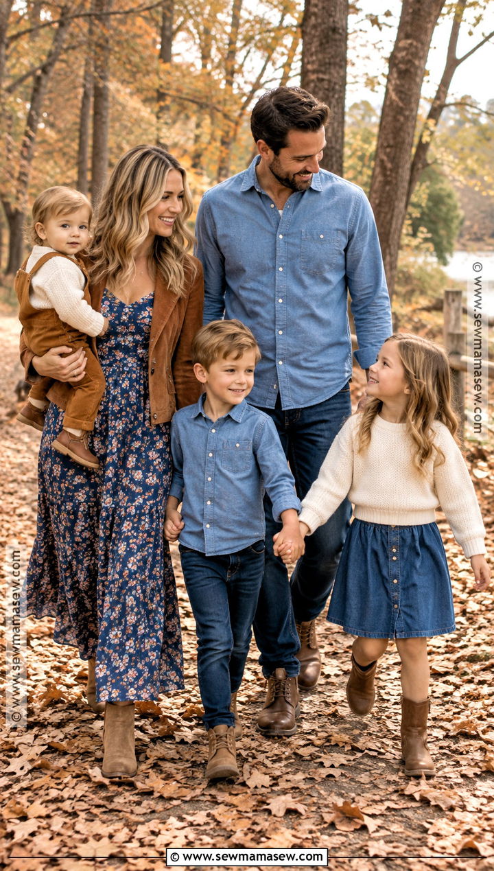 Denim Blue and Brown Large Family Fall Picture Outfits - 15 large family picture outfits for fall