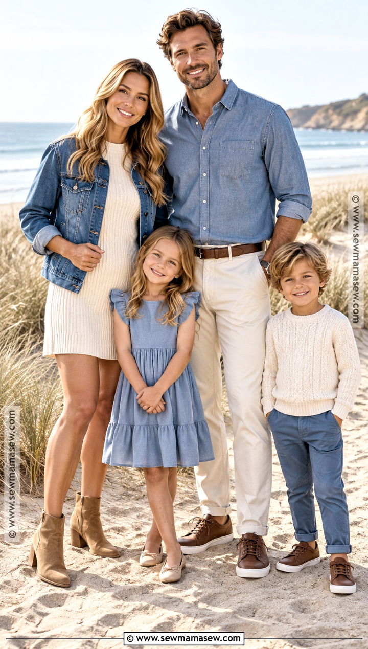 Denim Blue and Ivory Fall Beach Family Outfit - 15 fall beach outfits for family pictures