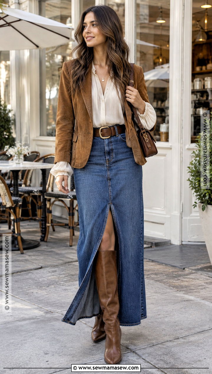 Denim Boho Maxi Skirt With Poet Blouse And Suede Blazer - 15 fall winter boho outfits