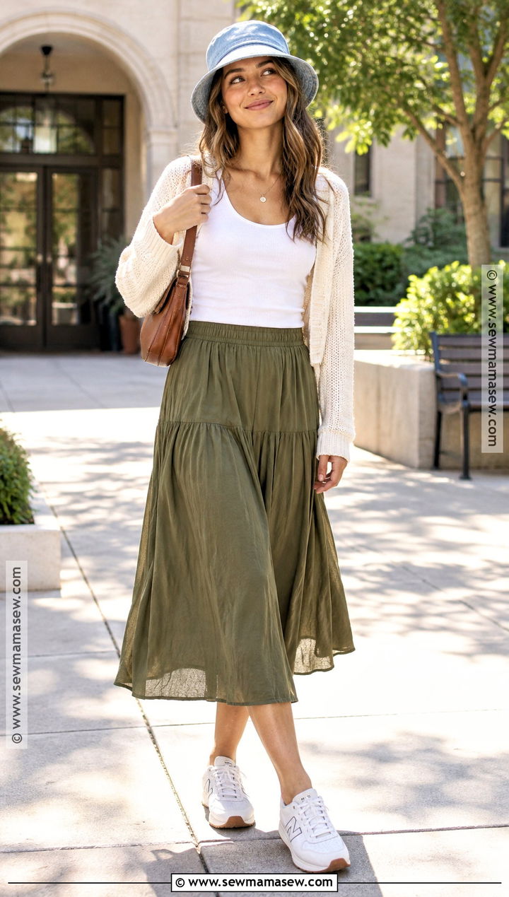 Denim Bucket Hat With Tank Top And Midi Skirt - 15 Back To School Hat Ideas
