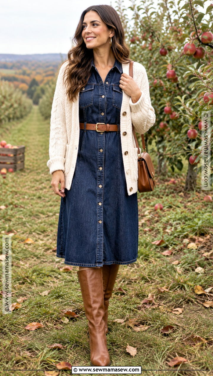 Denim Button Front Dress With Brown Boots - 15 Fall Picture Dresses for Women