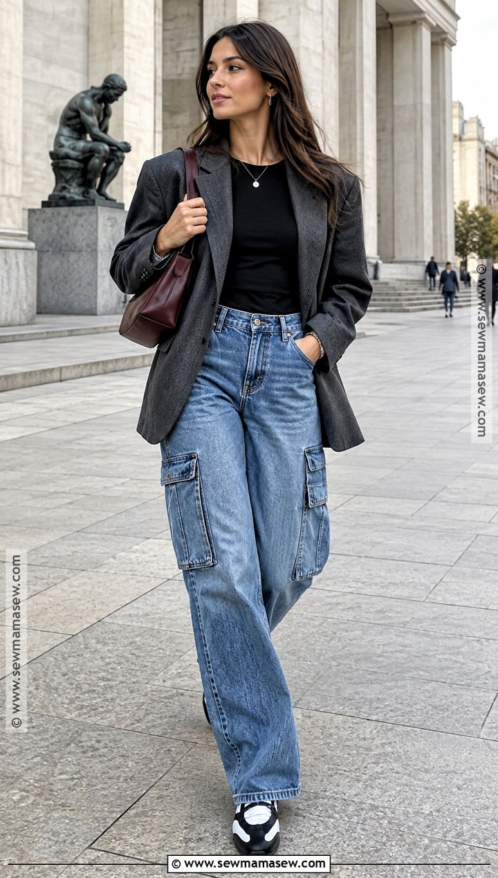 Denim Cargo Pants With Blazer And Ballet Sneakers - 20 fall cargo pants outfit