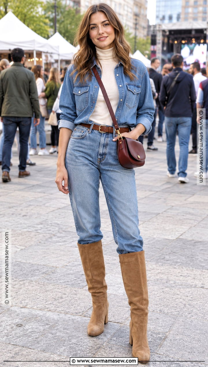 Denim Co Ord And Turtleneck Outfit - 20 festival fall outfit ideas