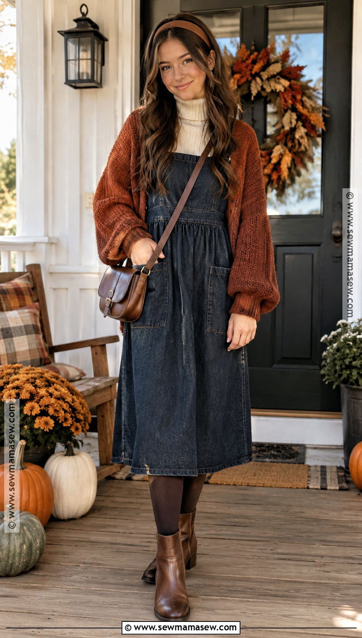 Denim Dress And Cardigan Thanksgiving Outfit - 20 Thanksgiving Outfit Teen Ideas for Girls