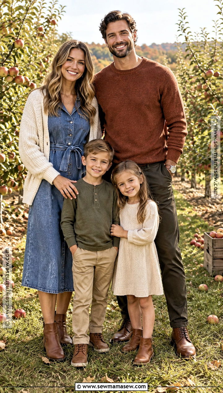 Denim Dress And Earth Tones Fall Family Picture Outfit - 25 casual fall family picture outfits