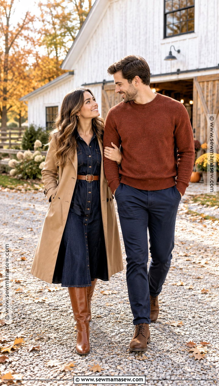 Denim Dress And Knee High Boots Engagement Photo Outfit - 15 engagement photo outfit ideas fall