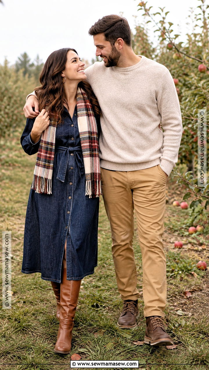Denim Dress And Leather Boots Fall Engagement Photo Outfit - 20 outdoor engagement photos outfits fall