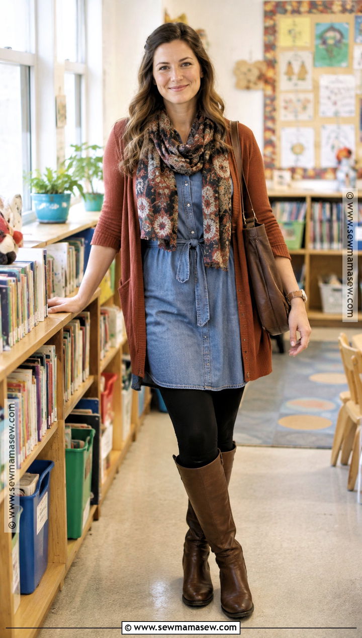 Denim Dress And Leggings Teacher Outfit - 20 teacher outfits elementary fall