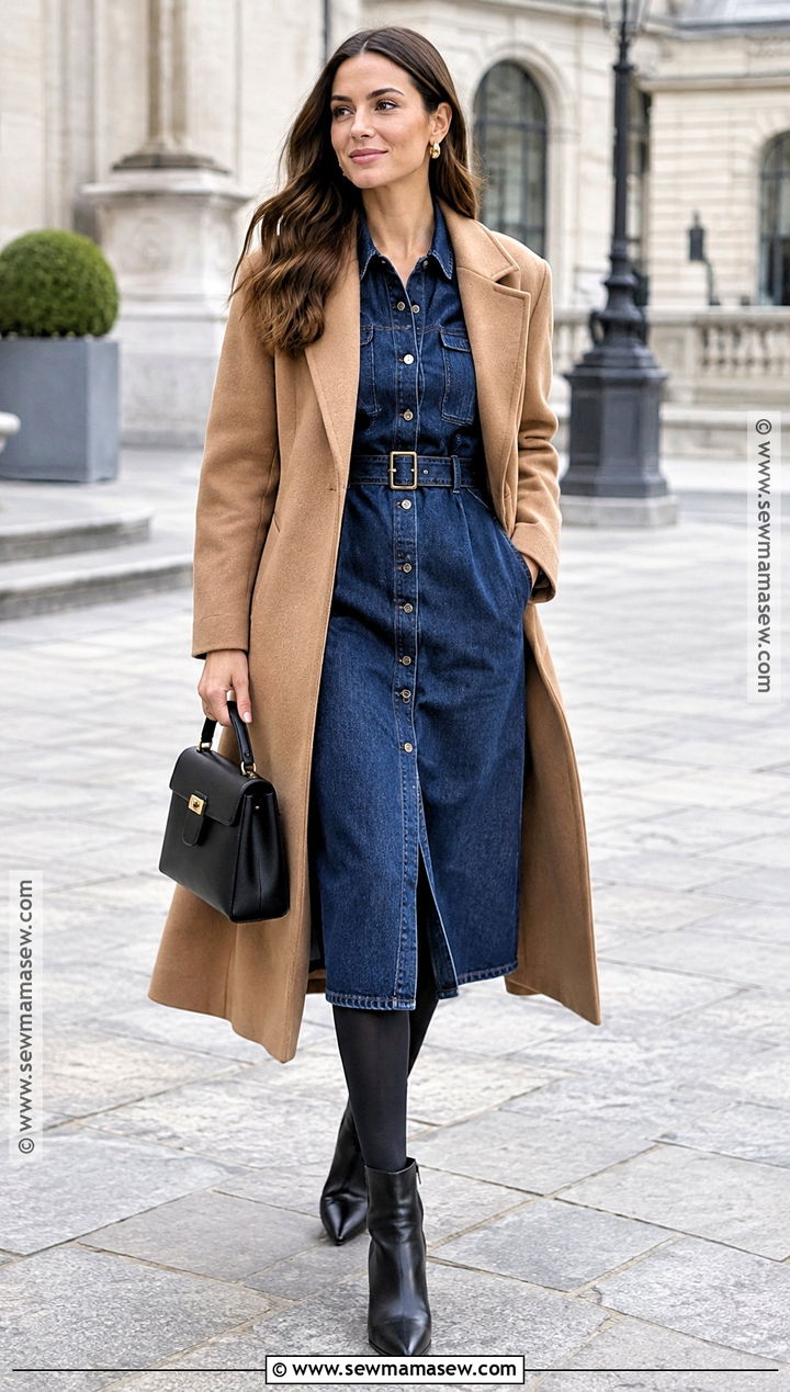 Denim Dress And Long Coat With Black Ankle Boots - 15 Black Ankle Boots Fall Fashion
