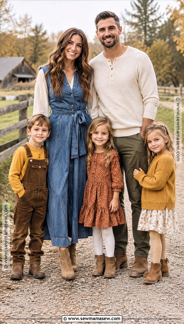 Denim Dress And Mustard Family Outfit - 15 boho fall family photos outfits