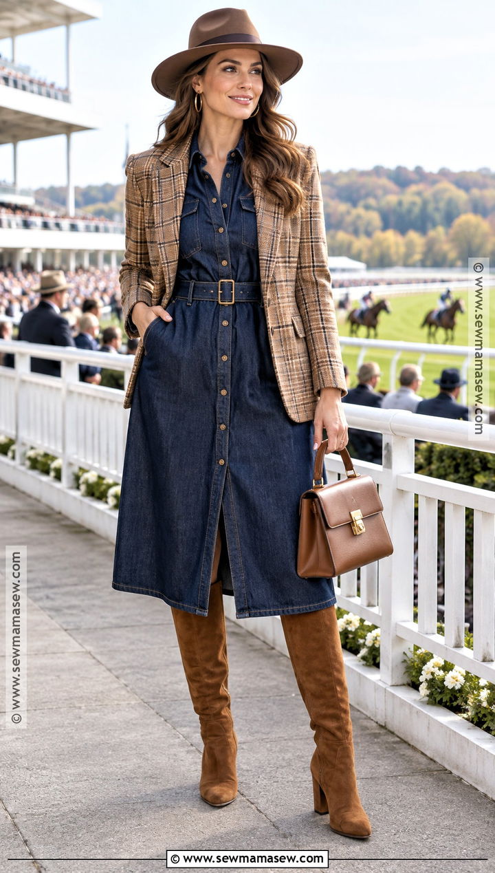 Denim Dress And Suede Boots Fall Horse Race Outfit - 20 Fall Horse Race Outfit Ideas
