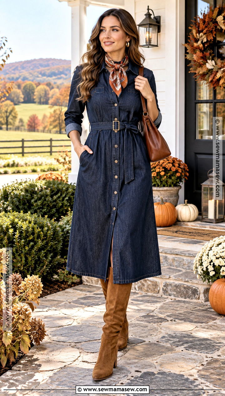 Denim Dress And Suede Boots Thanksgiving Outfit - 20 thanksgiving dinner outfit ideas for women