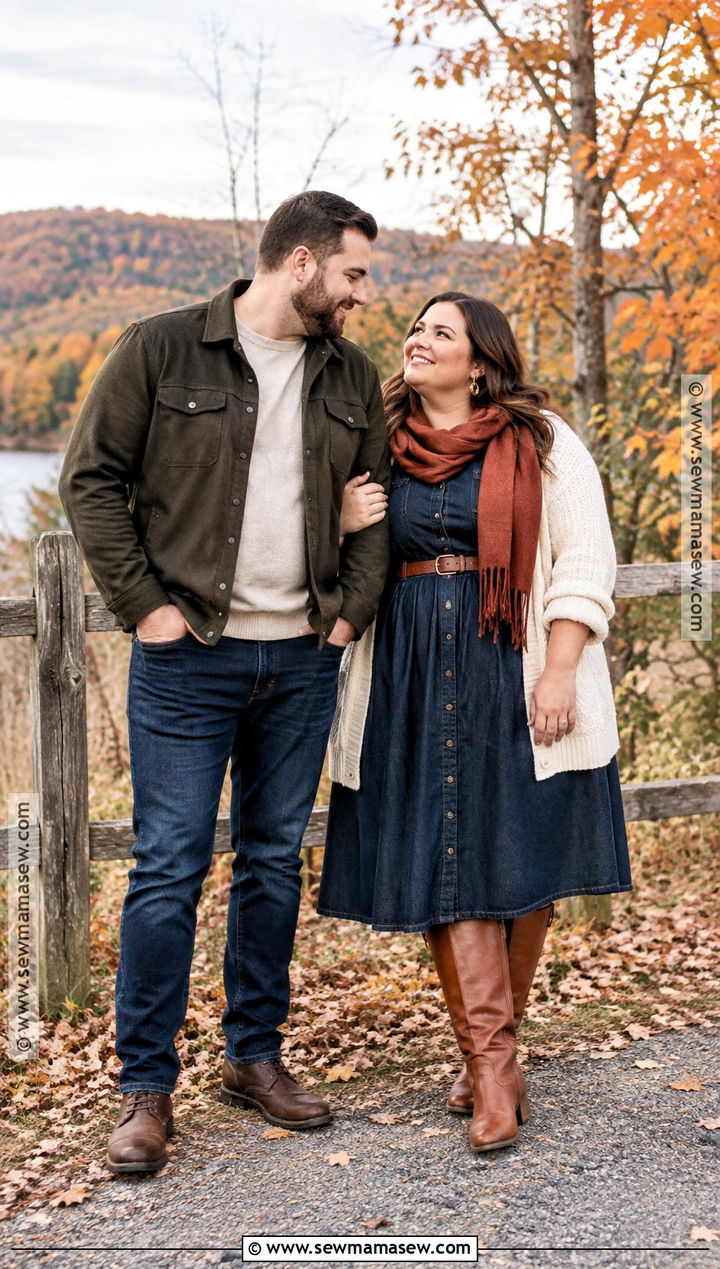 Denim Dress And Tall Boots Engagement Photo Outfit - 20 plus size engagement photos outfits fall