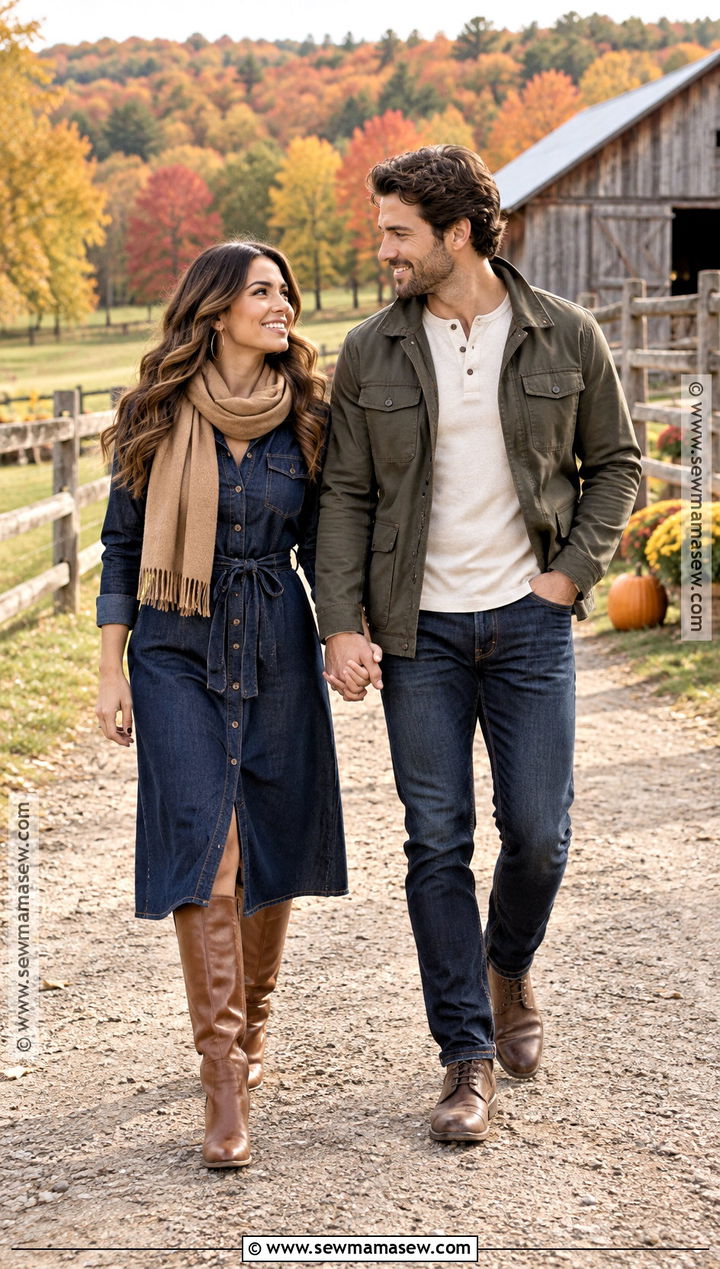 Denim Dress And Tall Boots Engagement Photo Outfit - 15 engagement photo fall outfits