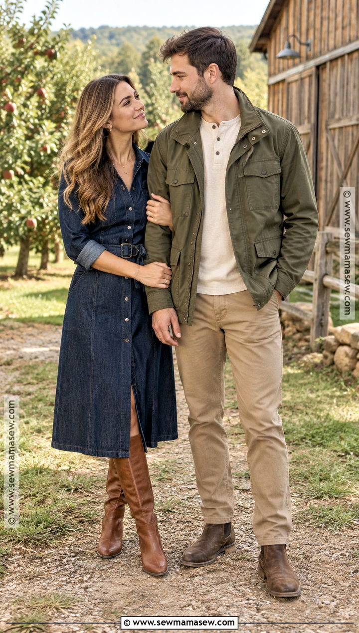 Denim Dress And Tall Boots Fall Engagement Shoot Outfit - 20 engagement shoot outfit fall ideas
