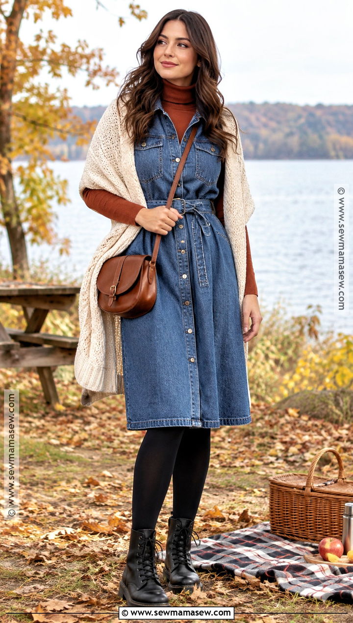 Denim Dress And Turtleneck Autumn Picnic Outfit - 25 autumn picnic outfit ideas