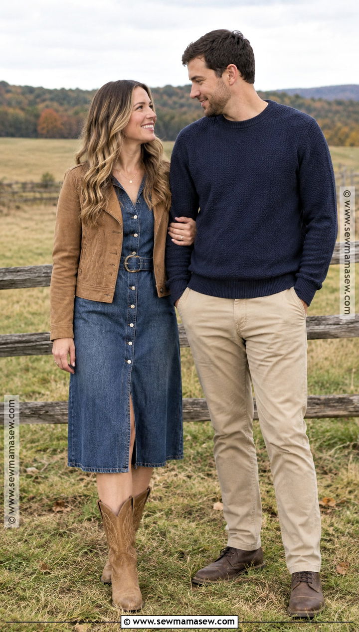 Denim Dress And Western Boots Engagement Outfit - 15 fall engagement photoshoot outfits