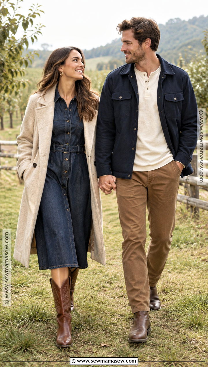 Denim Dress And Western Boots Engagement Outfit - 15 engagement photoshoot fall outfits