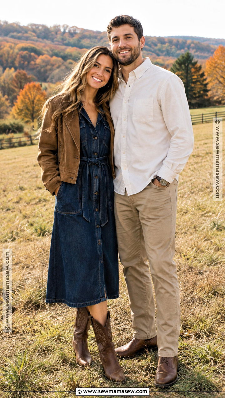 Denim Dress And Western Boots Fall Engagement Photo Outfit - 15 engagement photo fall outfit ideas