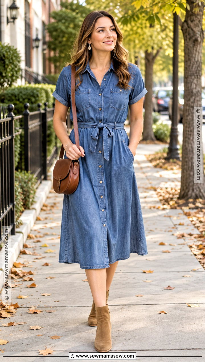 Denim Dress Ankle Boots And Crossbody Bag Outfit - 20 summer fall outfits casual