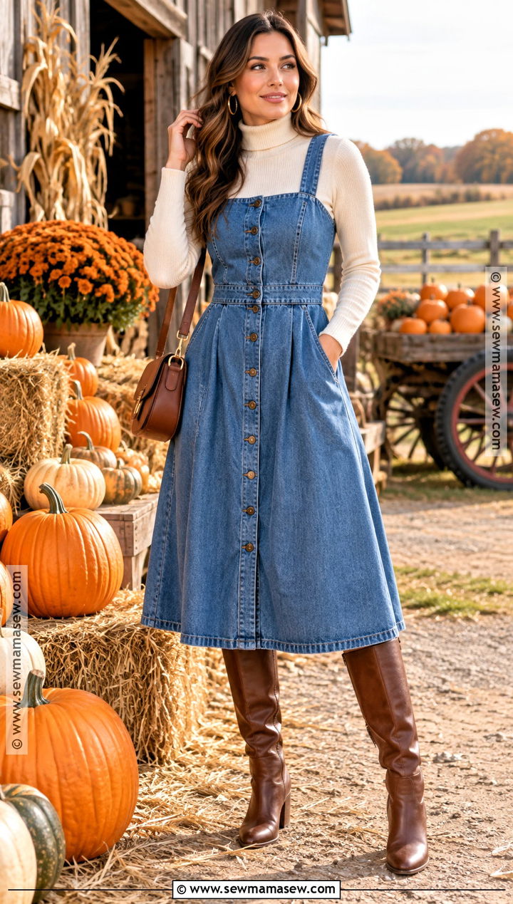 Denim Dress Pumpkin Patch Outfit With Turtleneck - 25 pumpkin patch outfit ideas for women