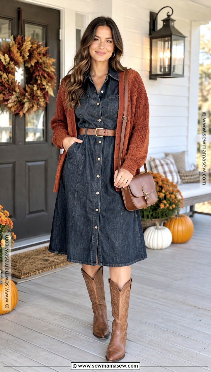Denim Dress With Brown Cowboy Boots - 20 thanksgiving outfit cowboy boots