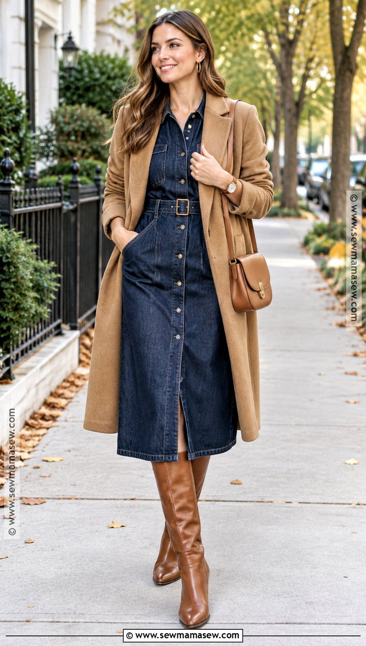 Denim Dress With Brown Long Boots - 15 Dress With Long Boots Fall Outfits