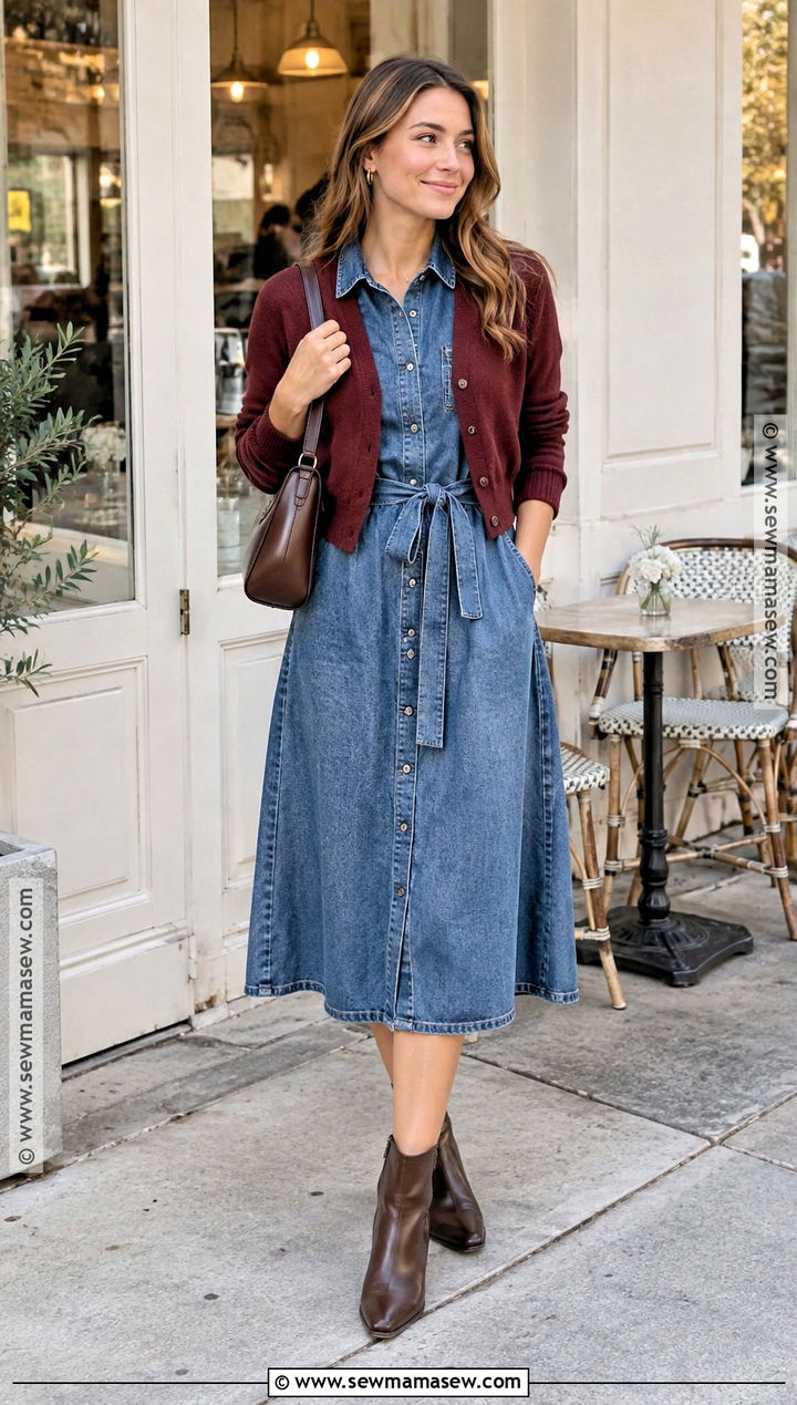 Denim Dress With Burgundy Cardigan And Brown Boots - 25 denim dress outfit fall ideas